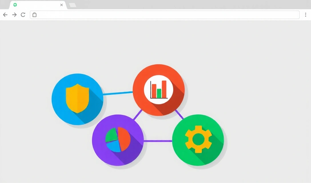 Ilustracja przedstawiająca różne rodzaje plików cookie symbolizowane przez kolorowe kółka z ikonami, takimi jak tarcza (niezbędne), wykres (analityczne), koło zębate (funkcjonalne), połączone ze sobą liniami na tle minimalistycznego interfejsu przeglądarki.