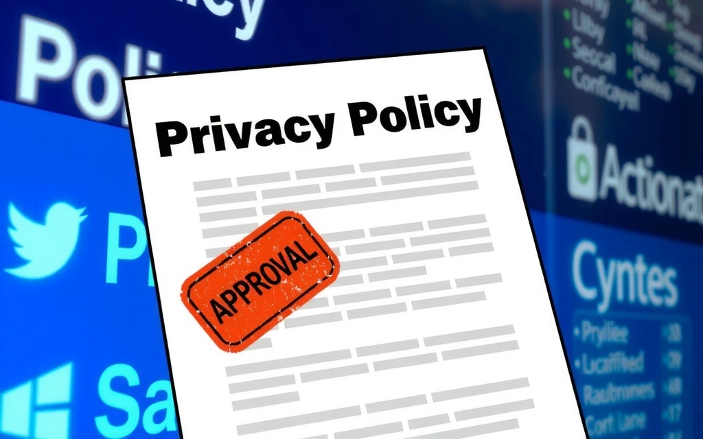 Ilustracja przedstawiająca dokument z pieczęcią zatwierdzenia i ikonami zmian, symbolizująca aktualizacje polityki prywatności. W tle zamazane elementy interfejsu cyfrowego.