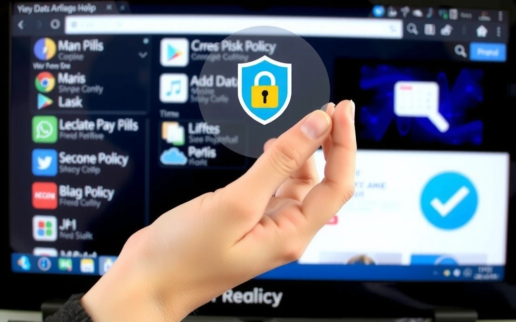 Ręka trzymająca duży, przezroczysty plik cookie z ikoną tarczy i kłódki, symbolizujący bezpieczeństwo danych i politykę prywatności. W tle zamazane elementy interfejsu przeglądarki internetowej.