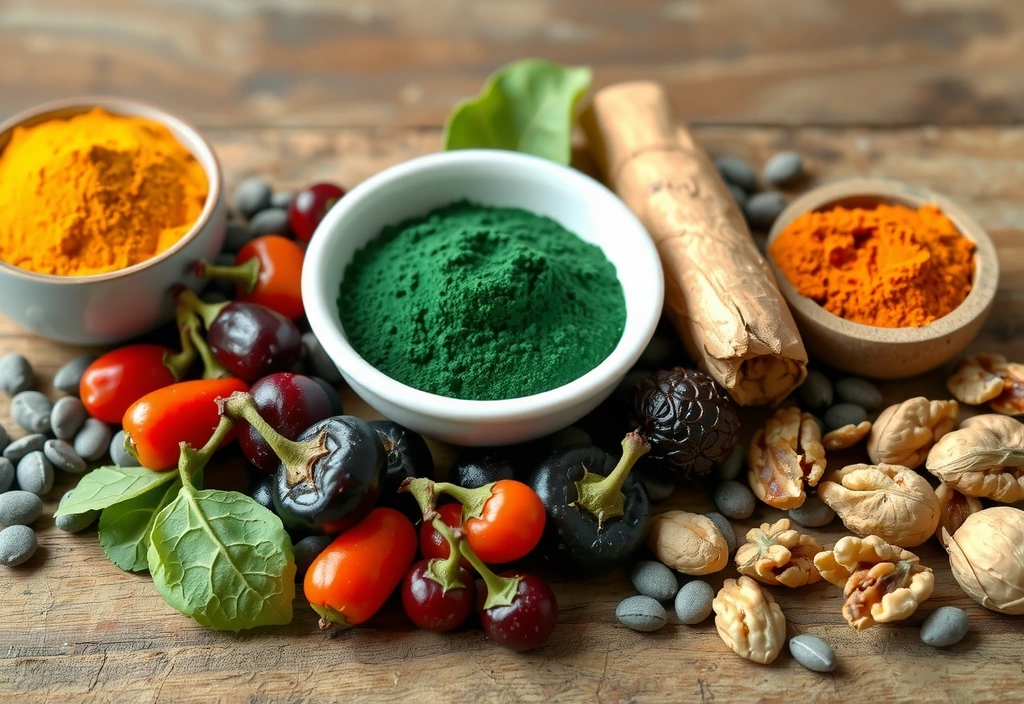 Asortyment superfoods: jagody goji, spirulina, kurkuma, orzechy, nasiona chia