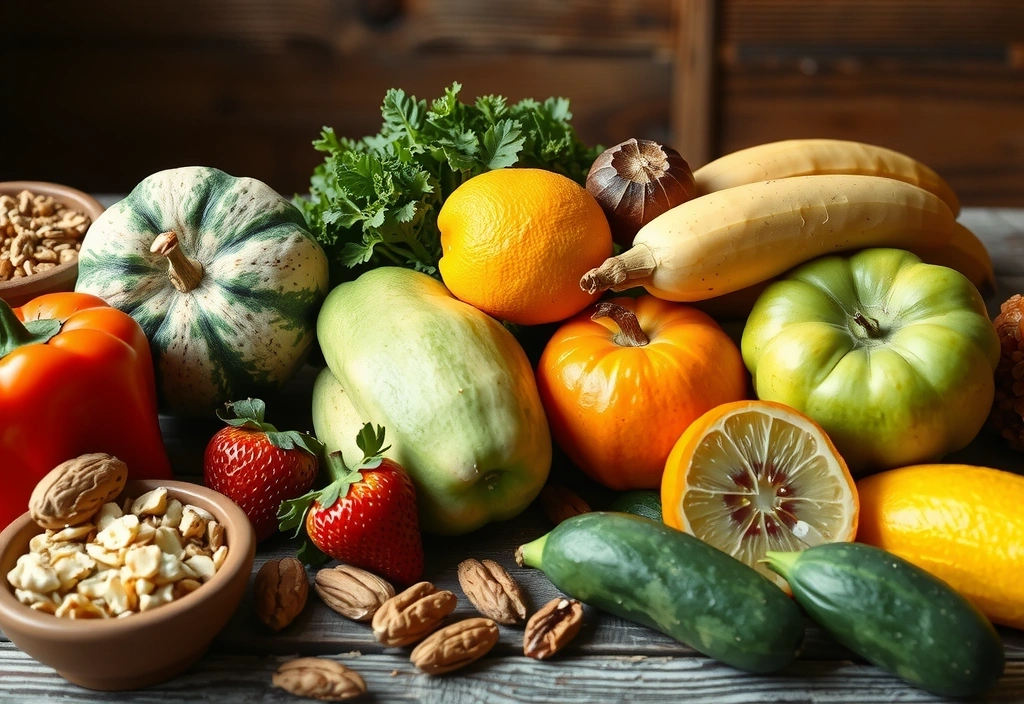 Stół pełen świeżych owoców, warzyw i zdrowych produktów, symbolizujący zbilansowaną dietę.