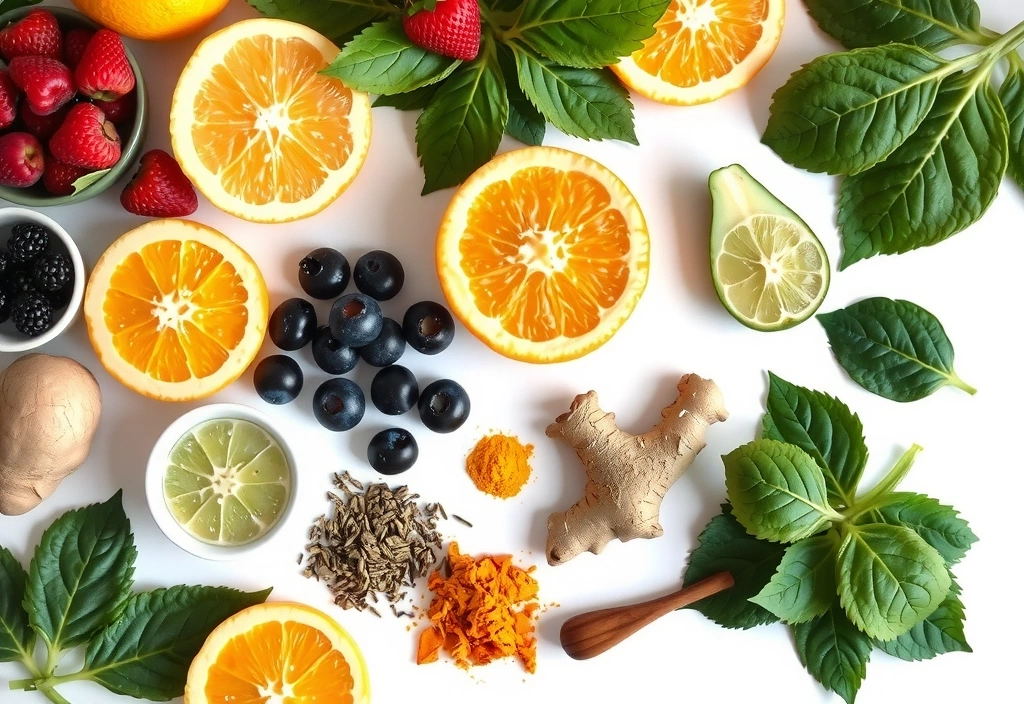 Naturalne składniki wspierające odporność, takie jak owoce, warzywa i zioła.