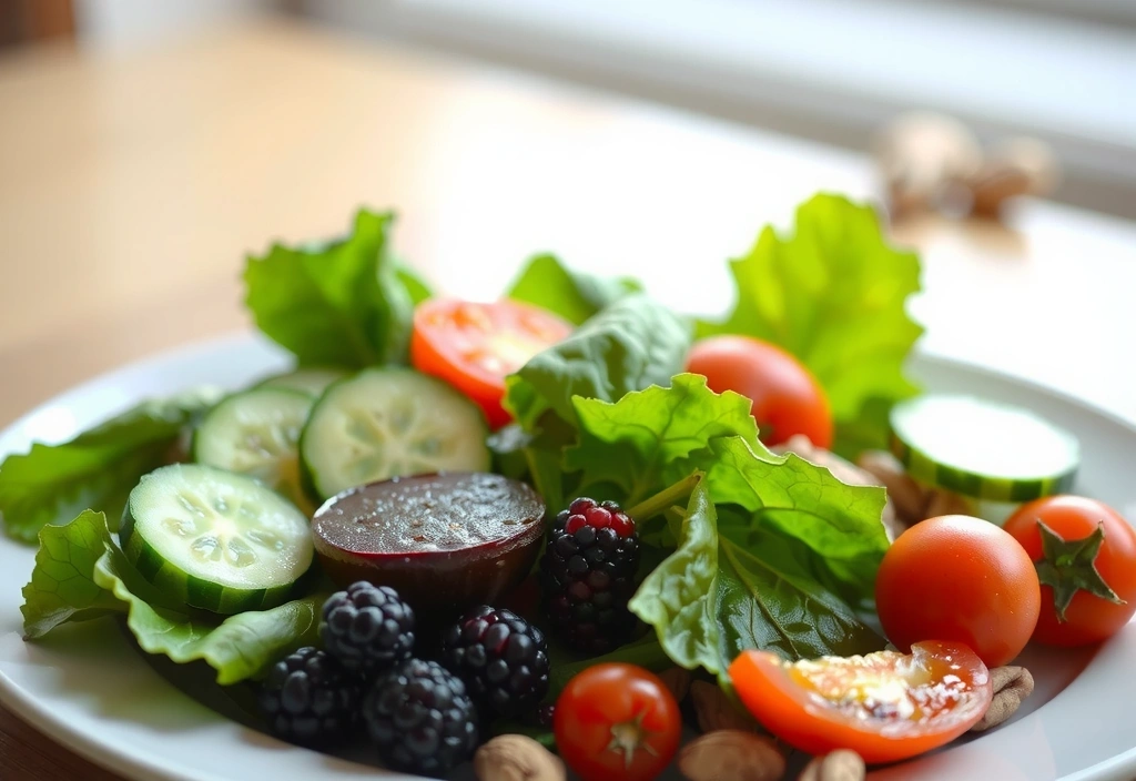 Talerz pełen świeżych, kolorowych warzyw i owoców, symbolizujący zdrową dietę wegetariańską.