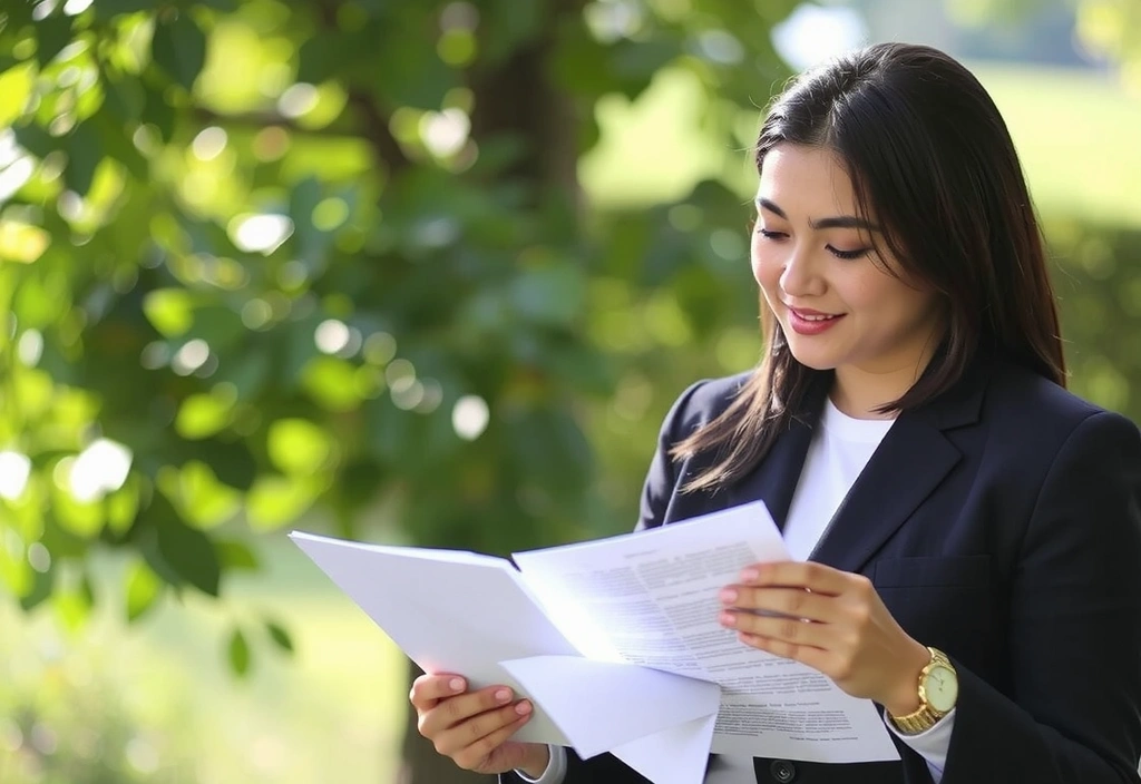 Kobieta czytająca dokumenty w spokojnym, zielonym otoczeniu, symbolizująca zrozumienie i zgodność.